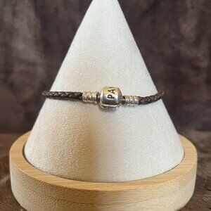Pandora Medium Brown Single Braided Leather Bracelet Silver Barrel Clasp Sz 7.5